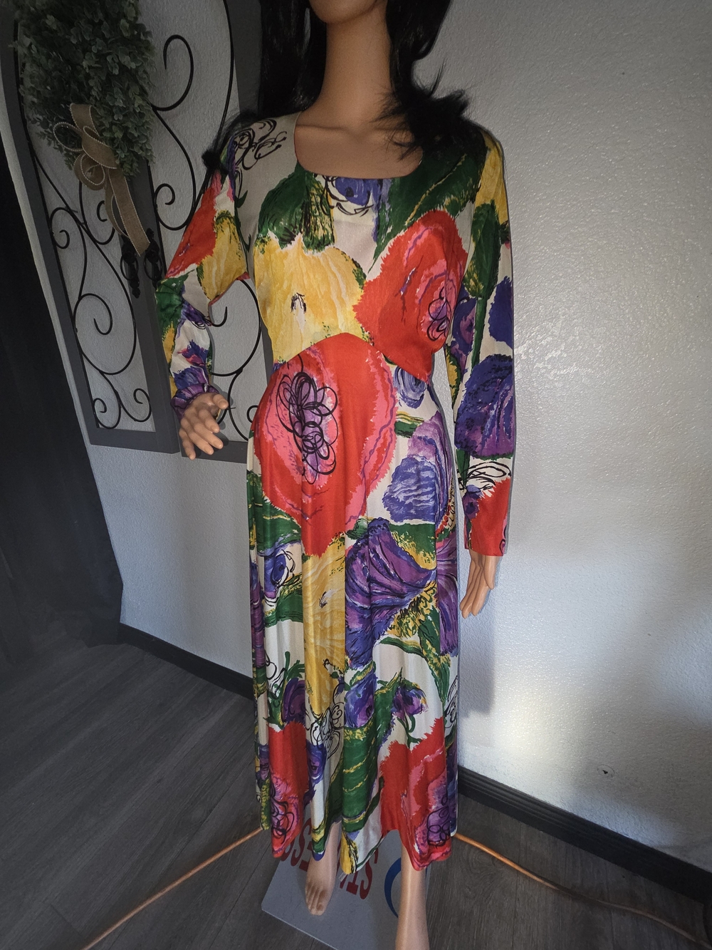 VTG from 70's Multicolor Floral Long Sleeve Maxi Dress - Women, Size L
